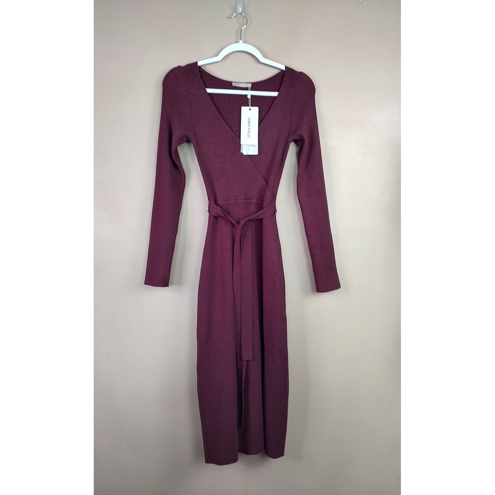 Anna Field Womens Ribbed Knit Midi Dress Windsor Wine Wrap V-Neck Minimalist